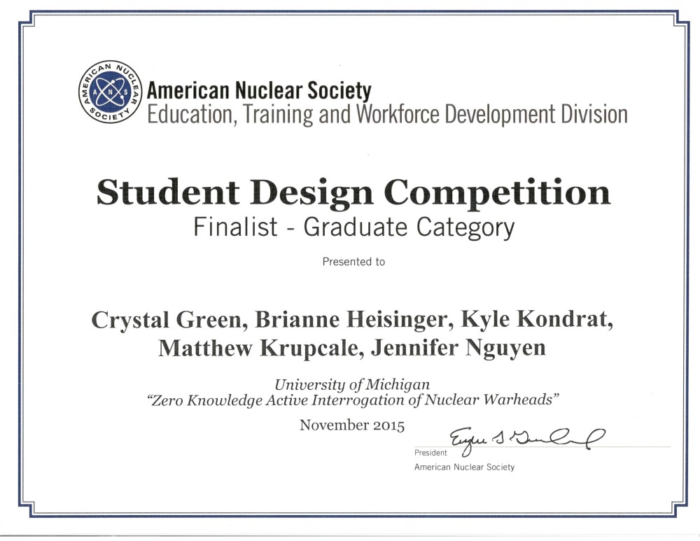 Student Design Competition certificate